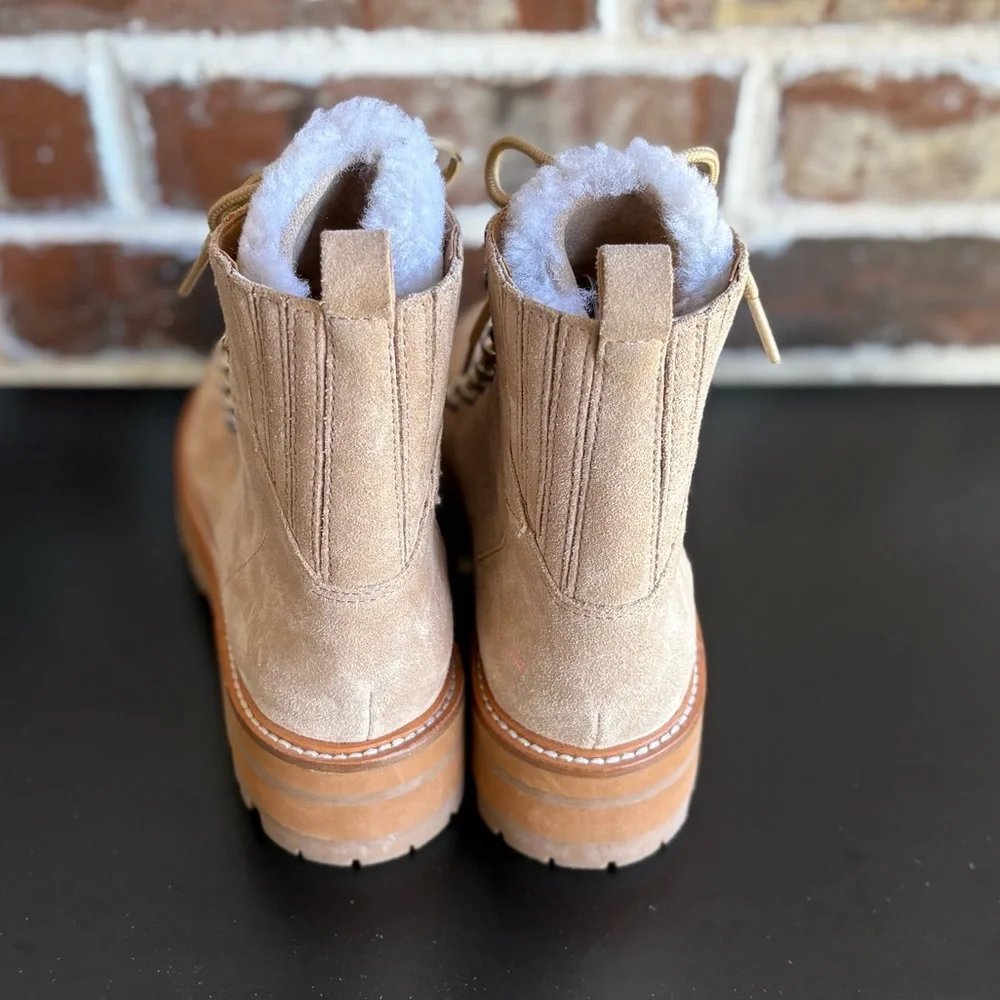 Marc Fisher Lizzie Creamy Tan Suede Lace Up Boots Lambs Wool Size 5.5